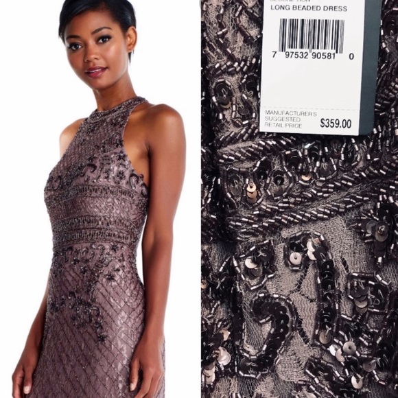 Adrianna Papell mock neck Tback stone beaded dress - Picture 3 of 14